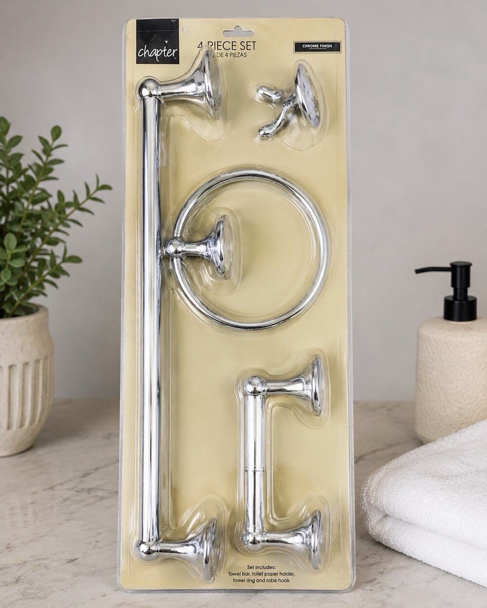 Chapter 4 Piece Bathroom Accessory Set Chrome Finish Towel Bar NIP